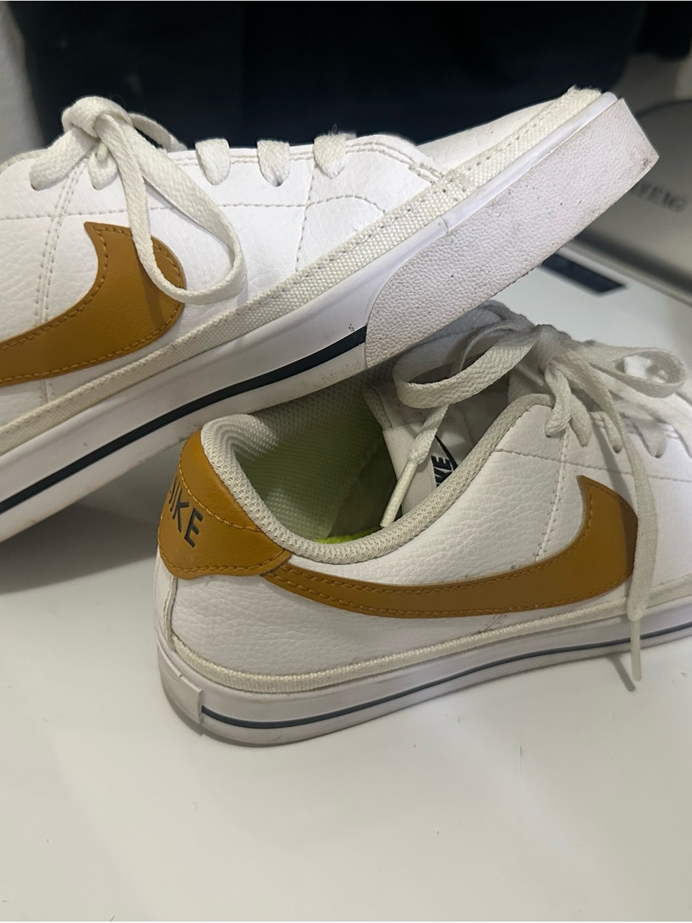 Nike Kids White Sneakers with Mustard Yellow Swoosh